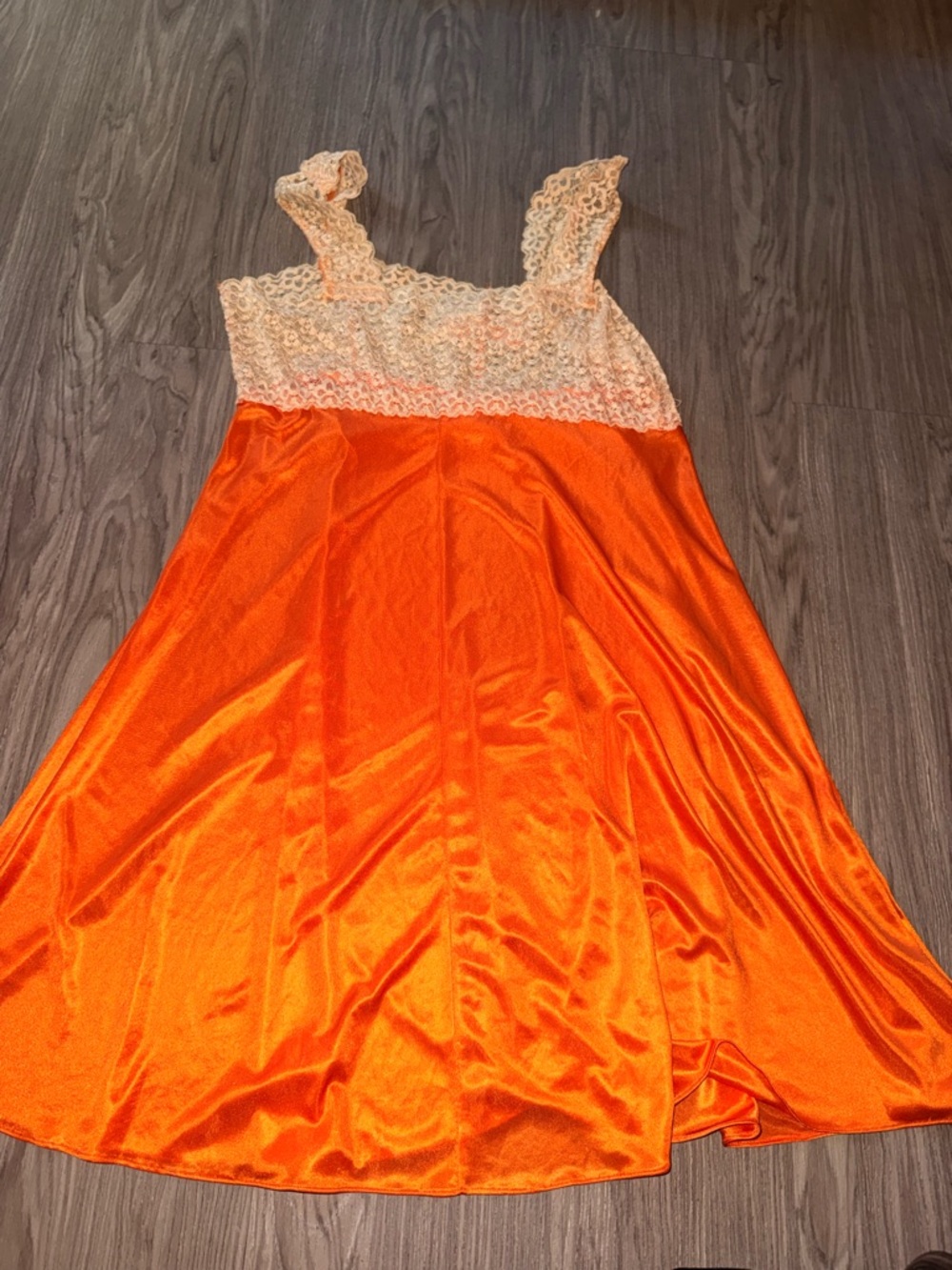 Orange Satin Nightgown with Cream Lace Trim - Picture 4 of 5